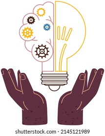 Idea, inspiración, innovación, resolución de problemas, concepto de solución. Bombilla de luz con engranajes entre manos. Creación de nueva idea, símbolo de plan creativo. Arte de una sola línea de bombilla para ideas, tormentas de ideas