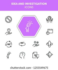 Idea and investigation icons. Set of line icons on white background. Idea, human, study. Science and investigation concept. Vector illustration can be used for topics like space, science, business
