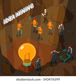 Idea isometric concept with people working in mine and holding mining inventory vector illustration