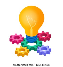 Idea Isometric Icon. Creative Idea concept. Light Bulb with gears. Lamp Bulb Icon. Created For Mobile, Web, Decor, Application. Perfect for web design, banner and presentation. Vector Illustration.