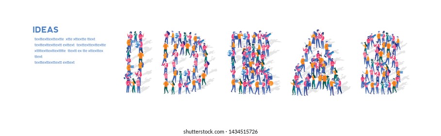 Idea Isometric Vector Concept, Group of business people are gathered together in the shape of Ideas word, for web page, banner, presentation, social media, Crowd of little people. teamwork