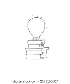 Idea and knowledge power concept with light bulb on books stack. Vector hand drawn illustration of doodle books and shining lamp. Education, enlightenment icon