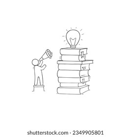 Idea and knowledge power concept with light bulb on books stack. Vector hand drawn illustration of doodle man with spyglass looking at shining lamp. Education, teamwork, enlightenment