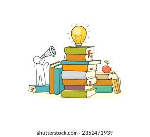 Idea and knowledge power concept with light bulb on books stack. Vector hand drawn illustration of doodle man with spyglass looking at shining lamp. Education, teamwork, enlightenment