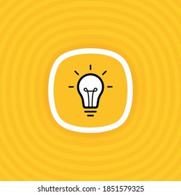 Idea label design with light bulb and rays isolated on Geometric background in yellow colors. Vector illustration.