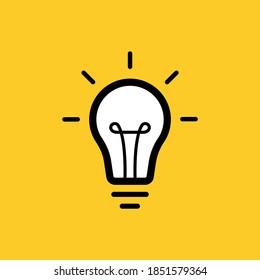 Idea label design with light bulb and rays isolated on yellow background. Logo design. Vector illustration.