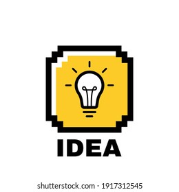 Idea label design with light bulb and rays inside the pixel box. Logo design. Vector illustration.