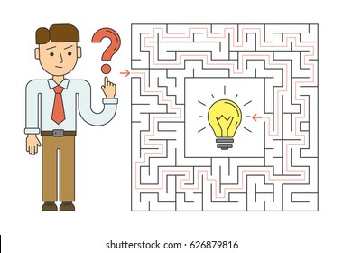 Idea labyrinth concept. Businessman tries to find the idea in the maze.