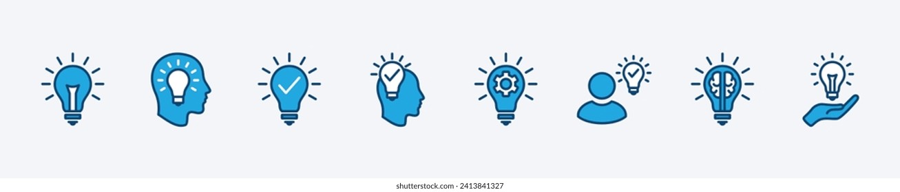 Idea lamp bulb icon set. Creative, solution, Innovation, thinking, and strategy icons. Idea symbol collection. Vector illustration
