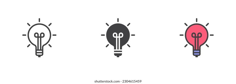 Juego de iconos de estilo diferente para la lámpara de ideas. Línea, glifo y contorno relleno versión colorida, contorno y signo vectorial relleno. Símbolo, ilustración del logotipo. Gráficos vectoriales