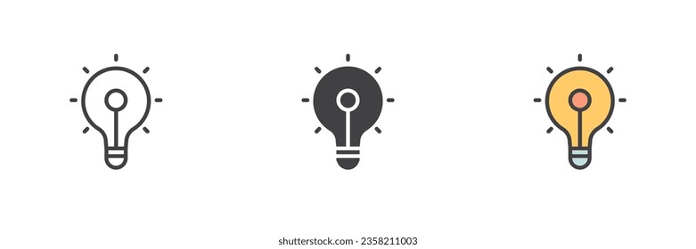 Idea lamp different style icon set. Line, glyph and filled outline colorful version, outline and filled vector sign. Symbol, logo illustration. Vector graphics