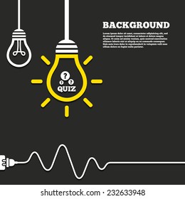 Idea lamp with electric plug background. Quiz with question marks sign icon. Questions and answers game symbol. Curved cord. Vector