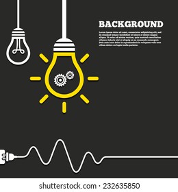 Idea lamp with electric plug background. Cog settings sign icon. Cogwheel gear mechanism symbol. Curved cord. Vector