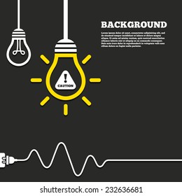 Idea lamp with electric plug background. Attention caution sign icon. Exclamation mark. Hazard warning symbol. Curved cord. Vector