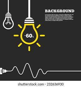 Idea lamp with electric plug background. 60 percent discount sign icon. Sale symbol. Special offer label. Curved cord. Vector