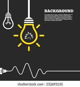 Idea lamp with electric plug background. Fire flame sign icon. Heat symbol. Stop fire. Escape from fire. Curved cord. Vector
