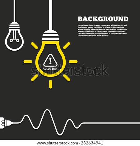 Idea lamp with electric plug background. Attention caution sign icon. Exclamation mark. Hazard warning symbol. Curved cord. Vector