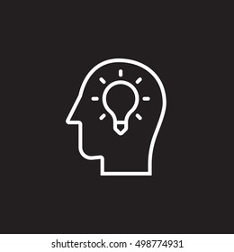 Idea lamp in a head line icon, outline vector sign, linear pictogram isolated on black. logo illustration