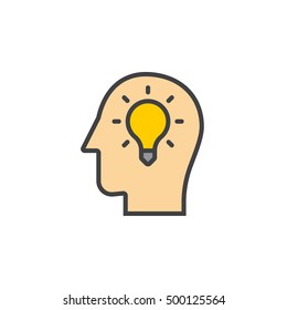 Idea lamp in a head line icon, filled outline vector sign, linear colorful pictogram isolated on white. logo illustration