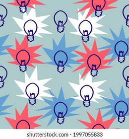 Idea, lamp, light bulb. Pattern seamless, children's theme, fabric print, blue, pink and white. Wrapping paper, surface design, backdrop. Hand made illustration. Lightning, explosion, new, fresh.