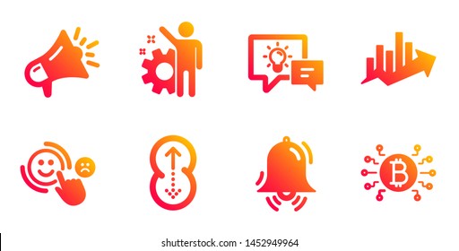Idea lamp, Megaphone and Clock bell line icons set. Growth chart, Customer satisfaction and Employee signs. Swipe up, Bitcoin system symbols. Business energy, Brand advertisement. Vector