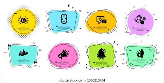 Idea lamp, Megaphone and Clock bell line icons set. Chat bubbles with quotes. Growth chart, Customer satisfaction and Employee signs. Swipe up, Bitcoin system symbols. Vector
