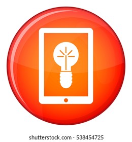 Idea lamp on gadget screen icon in red circle isolated on white background vector illustration
