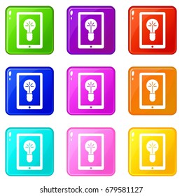 Idea lamp on gadget screen icons of 9 color set isolated vector illustration