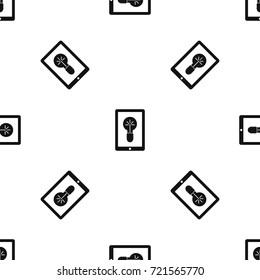 Idea lamp on gadget screen pattern repeat seamless in black color for any design. Vector geometric illustration