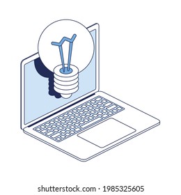 Idea lamp on laptop screen. Vector 3d line isometric, color web icons, new flat style. Creative design idea for infographics.