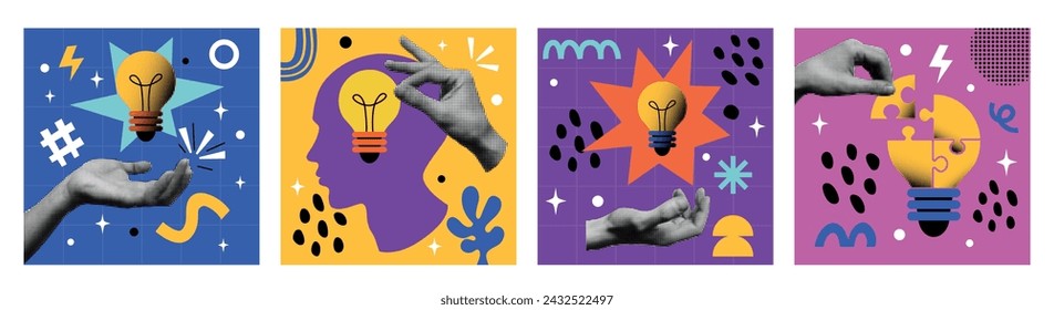 Idea lamp. Paper hand. Business innovation and brainstorm. Halftone magazine effect. Creative thinking. Human mind. Retro abstract graphic. Finding solution. Contemporary study. Vector banners set