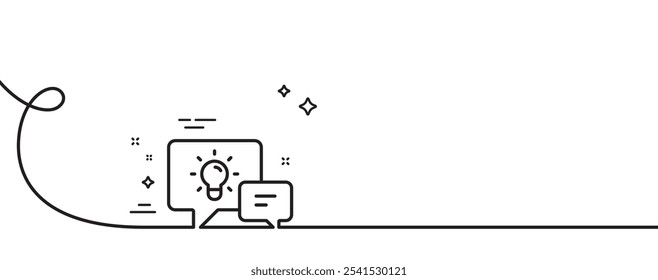 Lámpara de la idea con el icono de la línea de las burbujas del discurso. Línea continua con rizo. Señal de comunicación. Símbolo de bombilla. Idea lámpara de una sola cinta de contorno. Patrón de curva de bucle. Vector