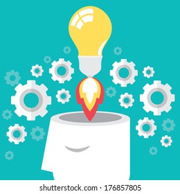 Idea Launch Rocket With Form Head, Creative Start, Vector Illustration.