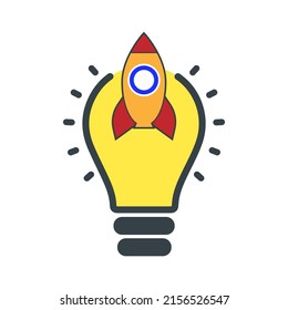 The idea of launching a light bulb in the form of a vector logo and a rocket icon, launching a creative idea, a scientific invention or a research light bulb, starting a new business.