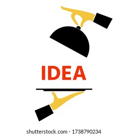 Idea lettering concept, Waiter hands with cloche lid cover, Isolated on white background, vector illustration for graphic design, website or banner,logo,symbol