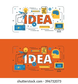 Idea lettering flat line design with icons and elements for book cover, report header, presentation, illustration, infographics, printing, website banner and landing page.