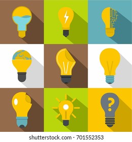 Idea ligh bulb icons set. Flat set of 9 idea ligh bulb vector icons for web with long shadow