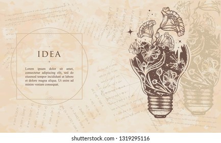 Idea. Light bulb and art nouveau flowers. Renaissance background. Medieval manuscript, engraving art 