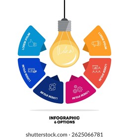 idea light bulb circle infographic. business thinking symbol 6 element. can be used for workflow layout,diagram,information chart, text. vector illustration in flat style modern design.