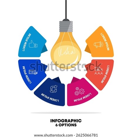 idea light bulb circle infographic. business thinking symbol 6 element. can be used for workflow layout,diagram,information chart, text. vector illustration in flat style modern design.