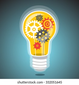 Idea light bulb with cogs. Flat style vector illustration.