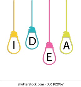 Idea light bulb with colorful wires hanging from the ceiling 