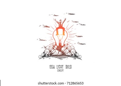 Idea light bulb concept. Hand drawn businessman sitting on light bulb. Happy person solved problem isolated vector illustration.