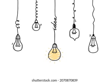 Idea light bulb. Doodle hand drawn sketch style lamp. Concept of business idea, solution, brainstorm. Lightbulb with line curve. Pencil draw style vector illustration.