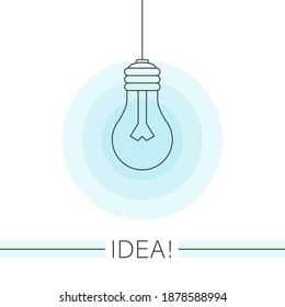Idea. Bombilla ligera de estilo plano con brillo azul claro. Ilustración del símbolo de ideas. Ilustración del vector