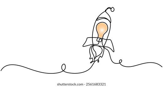 Idea light bulb flying to the sky like a rocket continuous one line drawing, Leadership, Start-up, project launch, idea, Light bulb with the word IDEA, Creative idea innovation, pro vector. 