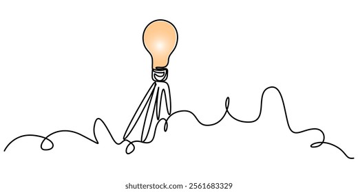 Idea light bulb flying to the sky like a rocket continuous one line drawing, Leadership, Start-up, project launch, idea, Light bulb with the word IDEA, Creative idea innovation, pro vector. 