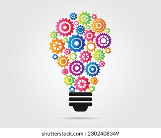 bombilla de ideas y engranaje de color creativo. Configuración del concepto de icono. negocios de innovación de cog. diseño plano de ilustración vectorial.