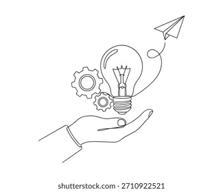 Vector de engranajes de mano de bombilla Idea. Innovación creativa Vector de diseño de ilustración de una línea