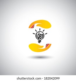 Idea Light Bulb & Hand For Protection - Concept Vector Icon. This Graphic Also Represents Protecting Intellectual Property, Incubating & Nurturing Ideas & Thoughts